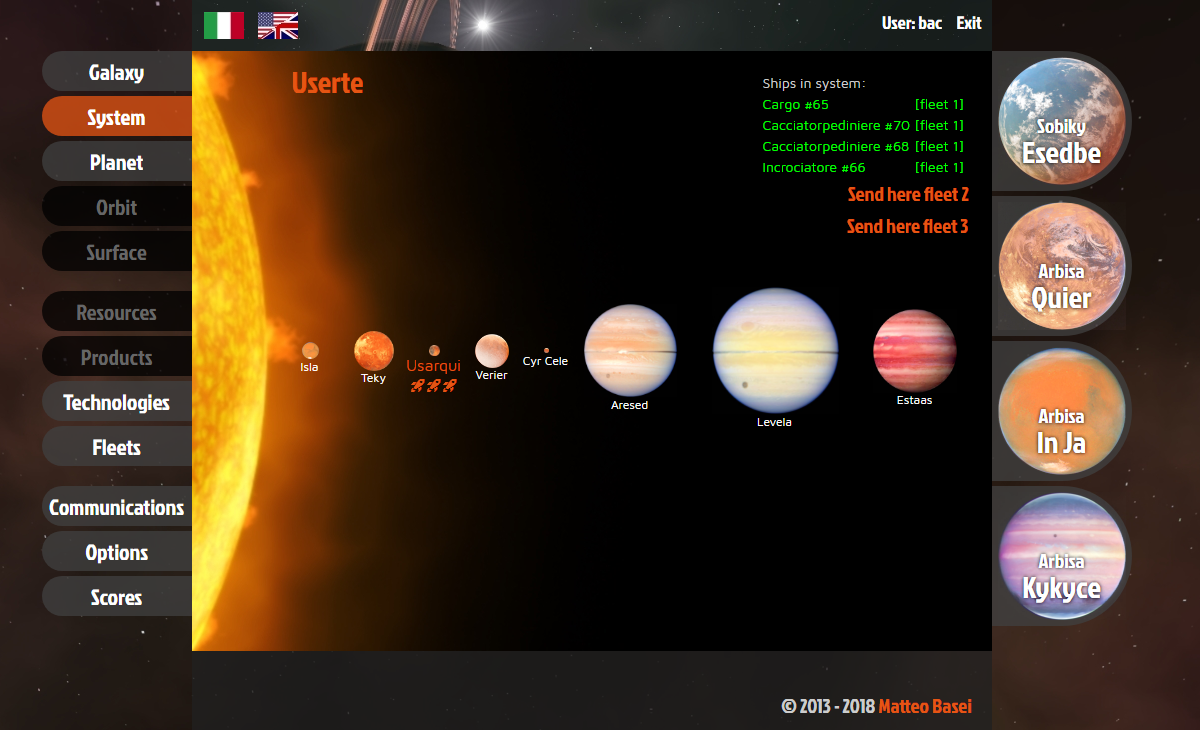 Nella schermata Sistema si tengono sotto controllo i pianeti e le navi in orbita del sistema stellare.