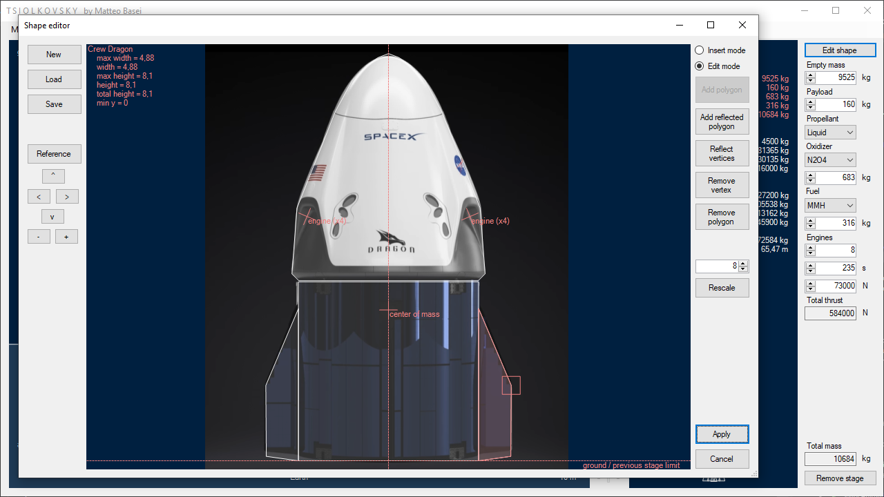 La sagoma della capsula Crew Dragon sovrapposta ad un'immagine presa dal sito ufficiale della SpaceX come riferimento.