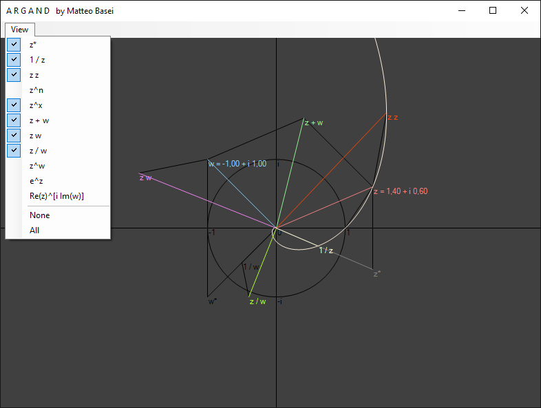 Una schermata che mostra alcuni dei numeri complessi che possono essere visualizzati nel programma.