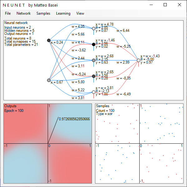 Una rete con 5 neuroni nello strato nascosto alle prese con input di tipo \